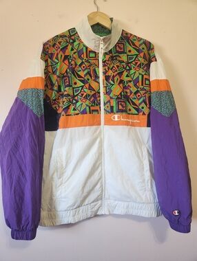 Champion x MTV Windbreaker Jacket Geo Print Retro 90s Aesthetic Colorblock  Sz M